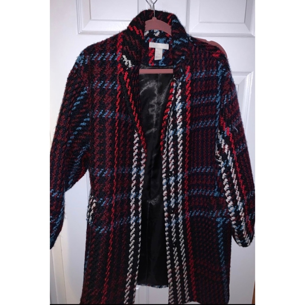 H&M houndstooth Plaid Red Blue Wool Carpet Coat Size M